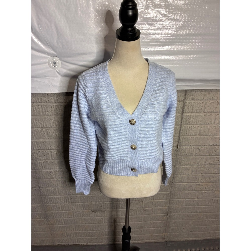 Happily Grey Light Blue Cropped Ribbed Knit V-Neck Cardigan Sweater Womens Small
